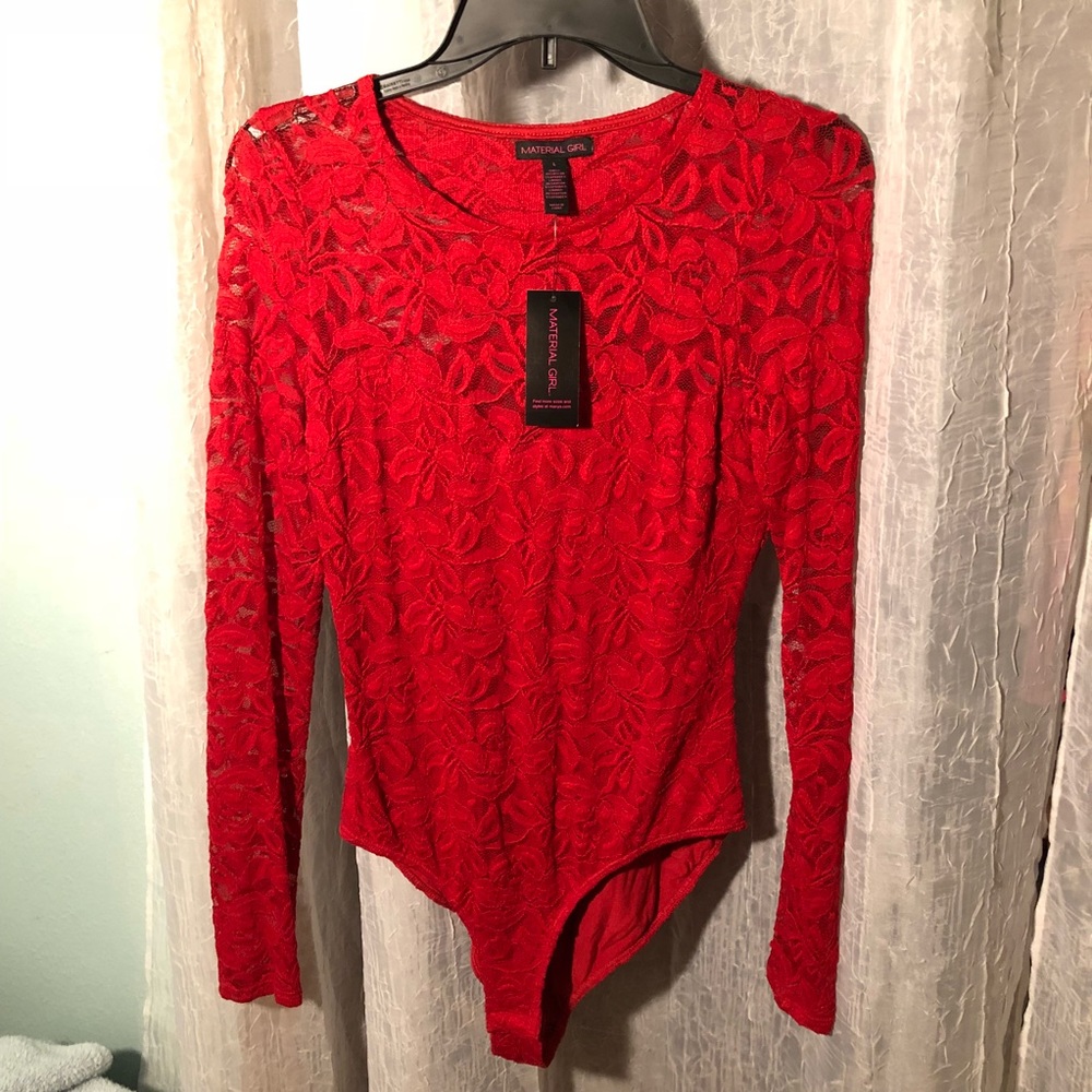 Red Lace Long Sleeve Bodysuit with Cutout Back